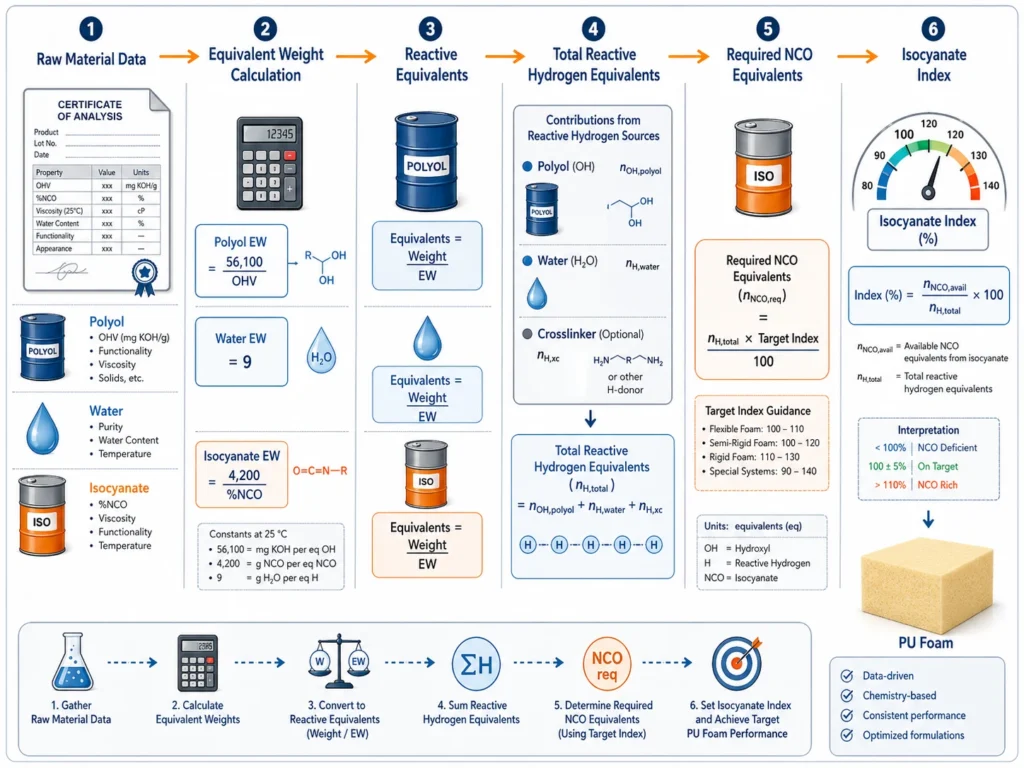 Workflow showing equivalent weight calculation feeding into isocyanate index calculation in PU foam formulation