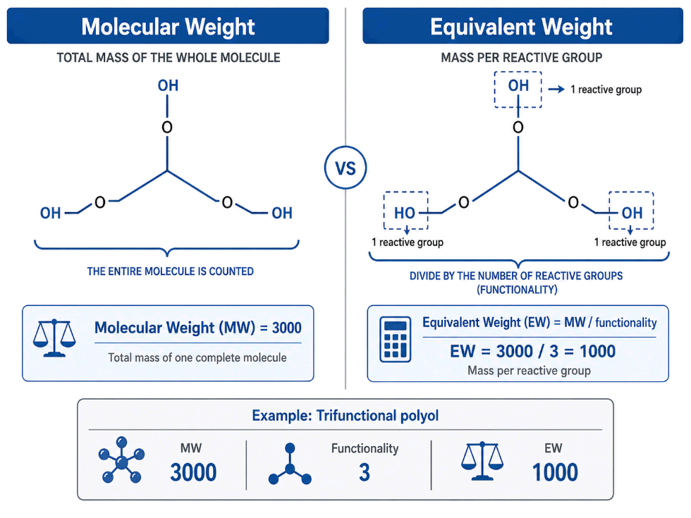 Diagram explaining equivalent weight versus molecular weight in polyurethane formulation