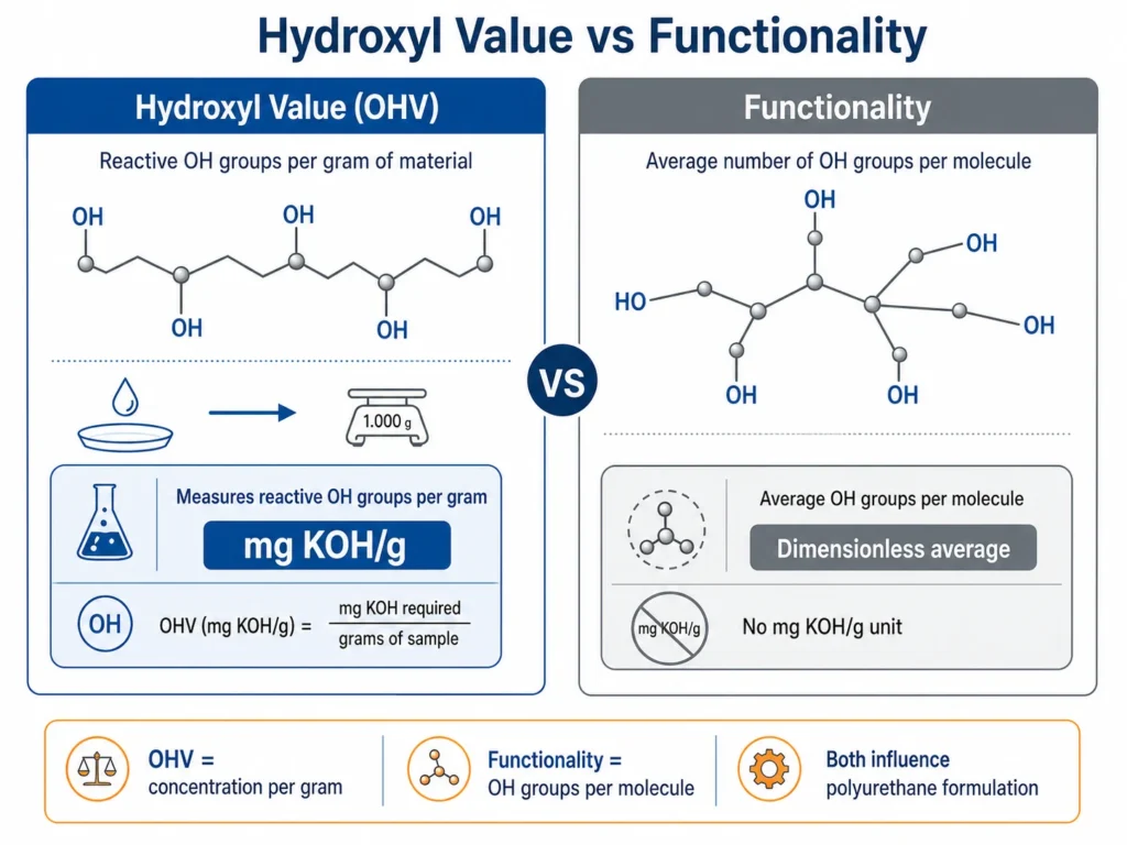 Difference between hydroxyl value and functionality in polyurethane polyol formulation