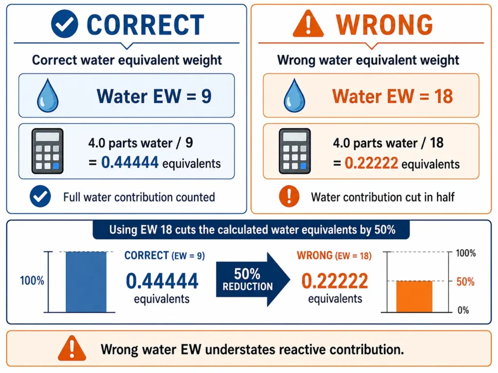 Correct and wrong water equivalent weight calculation in PU foam formula