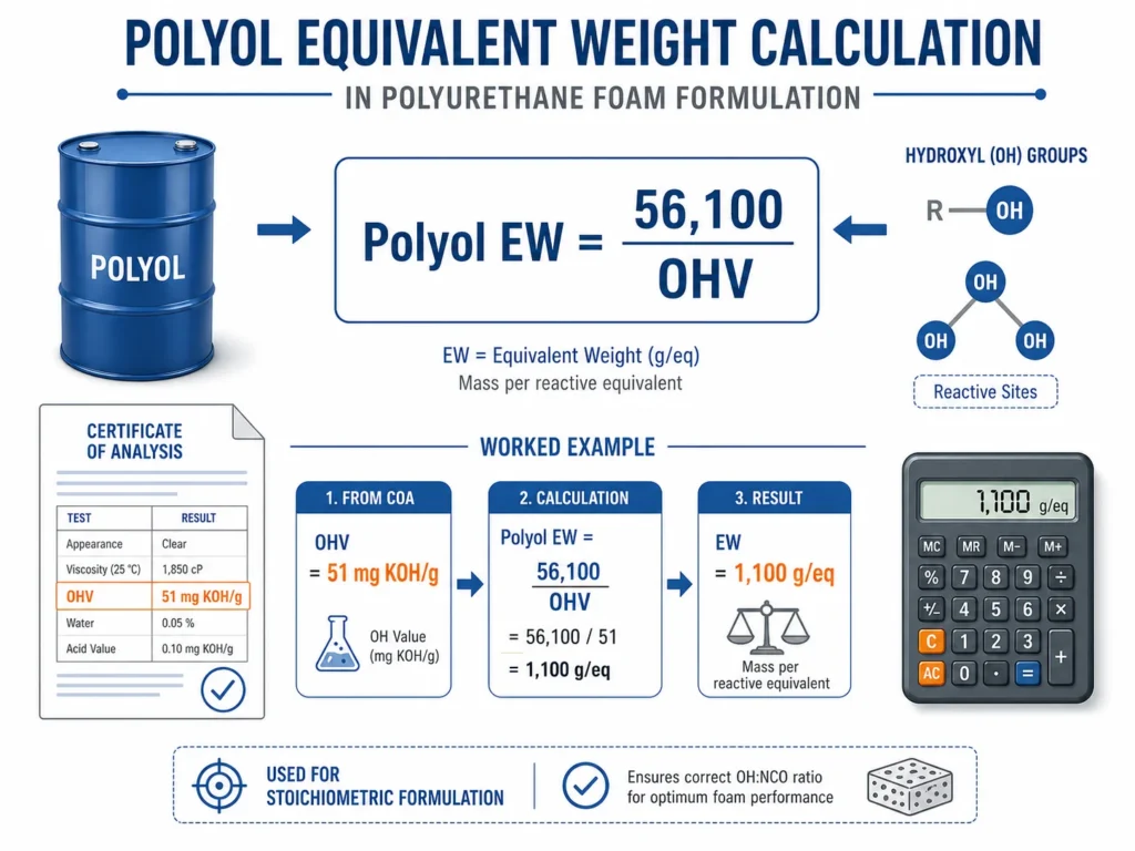 Polyol equivalent weight formula using hydroxyl value in polyurethane foam formulation