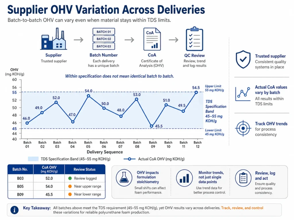 Supplier OHV variation showing why batch-by-batch hydroxyl value checking is required