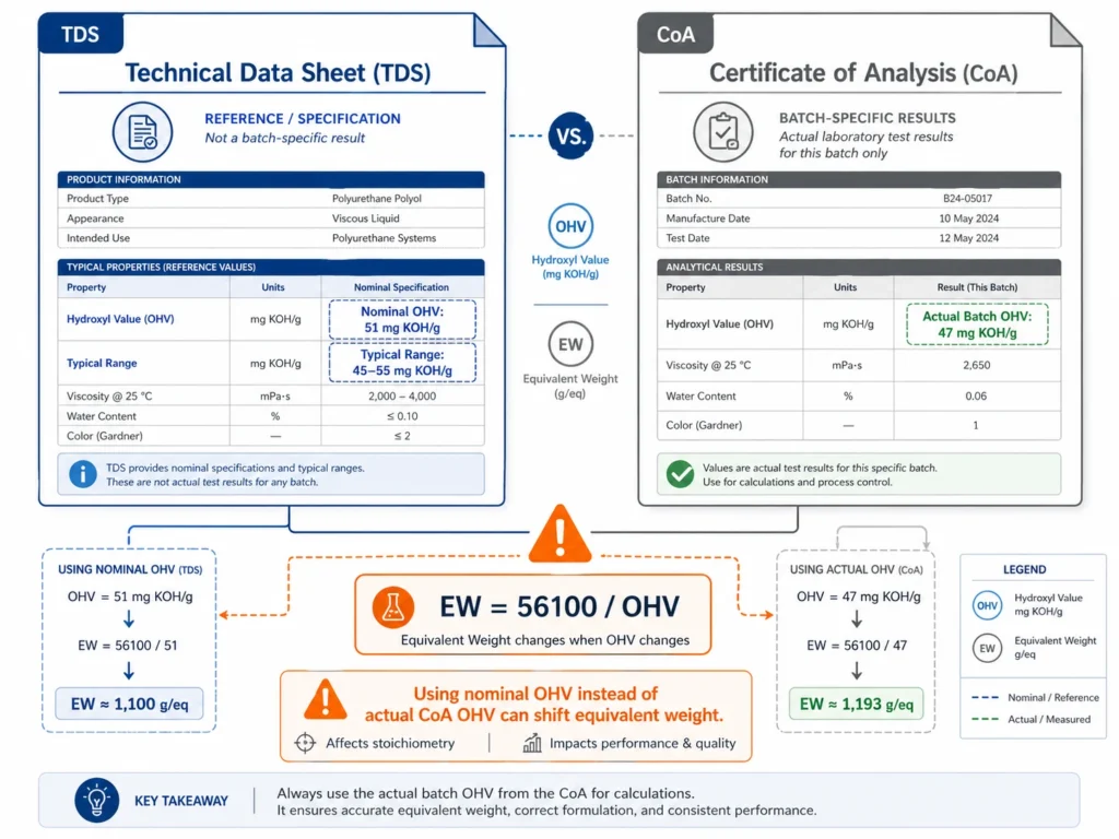 TDS nominal hydroxyl value versus Certificate of Analysis actual OHV mistake in PU foam formulation
