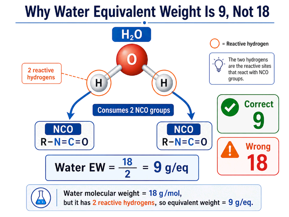Water equivalent weight is 9 not 18 in polyurethane foam formulation