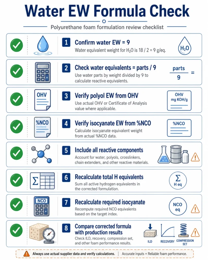 Checklist for checking water equivalent weight in PU foam formula spreadsheet