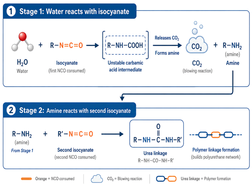 Water reaction with isocyanate showing two NCO groups consumed in polyurethane foam