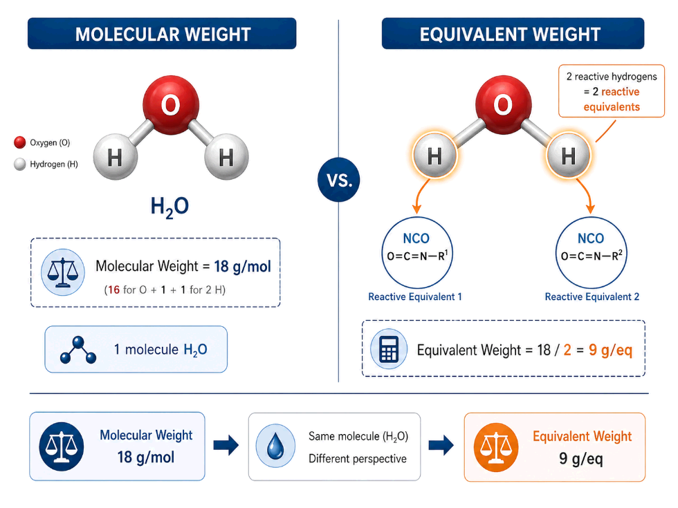 Water molecular weight 18 versus equivalent weight 9 in polyurethane formulation