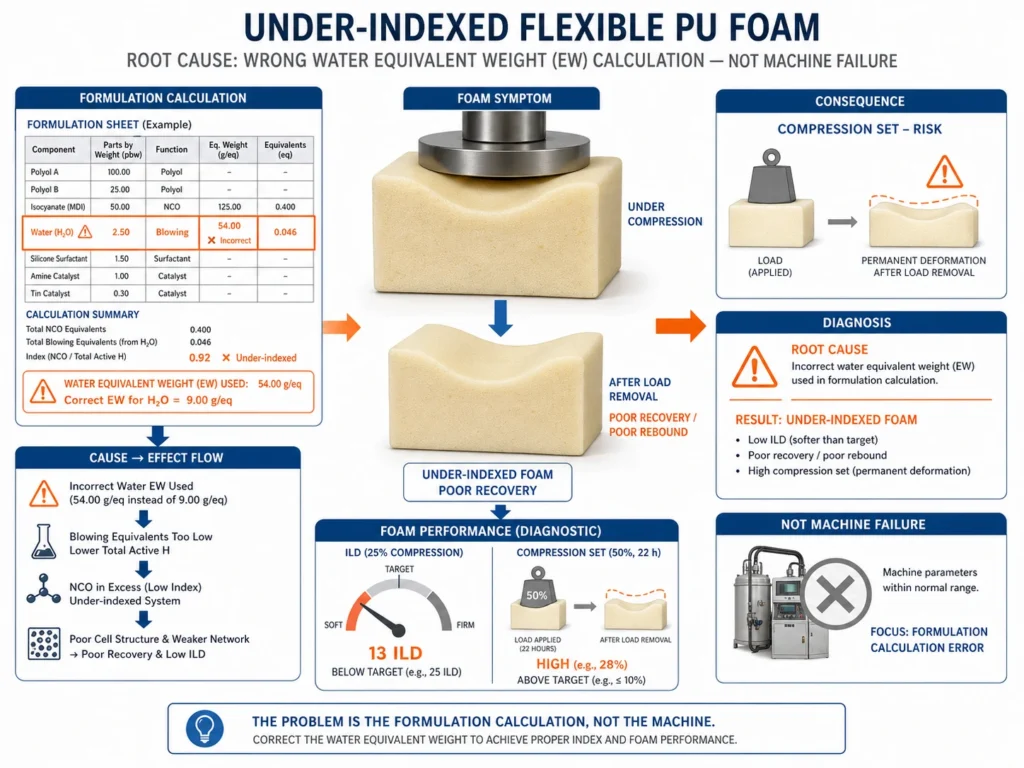 Production symptoms from wrong water equivalent weight causing under-indexed PU foam