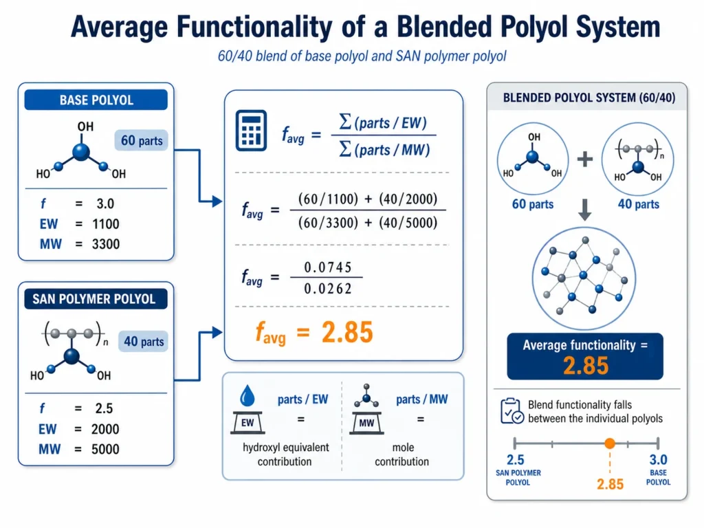 Average functionality calculation for blended polyol systems in polyurethane foam