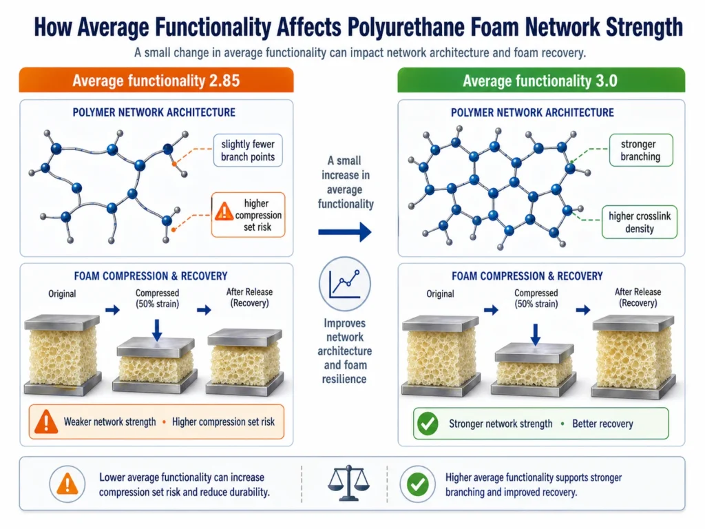 Average functionality impact on polyurethane foam network strength and compression set