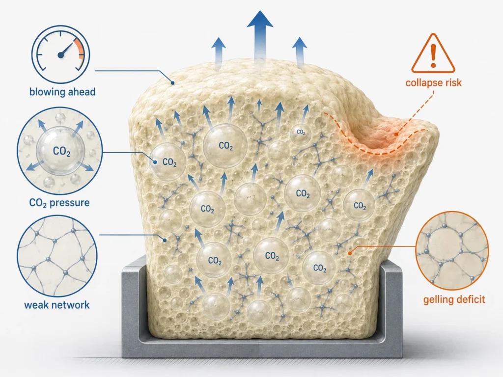 Blowing reaction running ahead of gelling reaction causing PU foam collapse risk