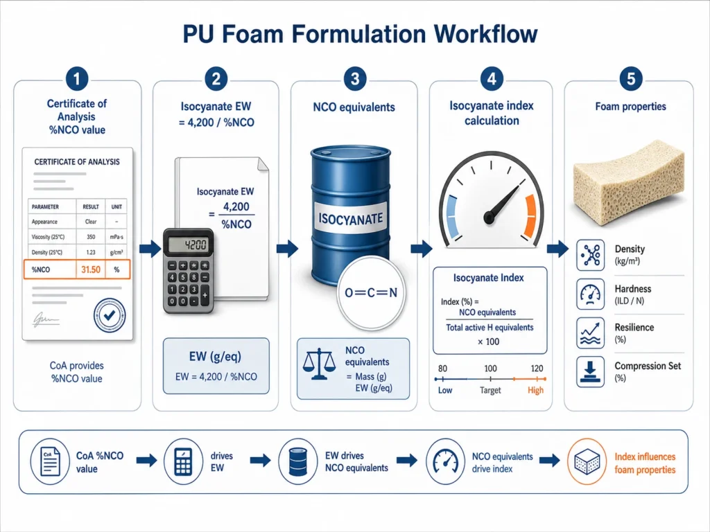 Workflow from Certificate of Analysis percent NCO to equivalent weight and isocyanate index calculation