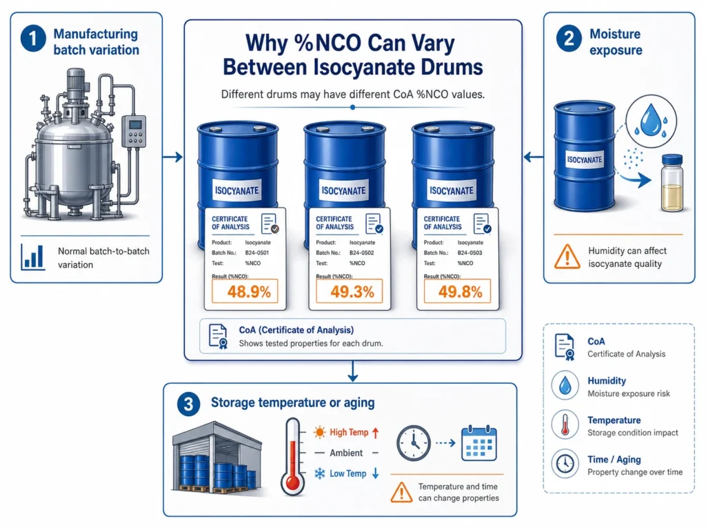 Reasons why NCO content varies between isocyanate drums in polyurethane foam production