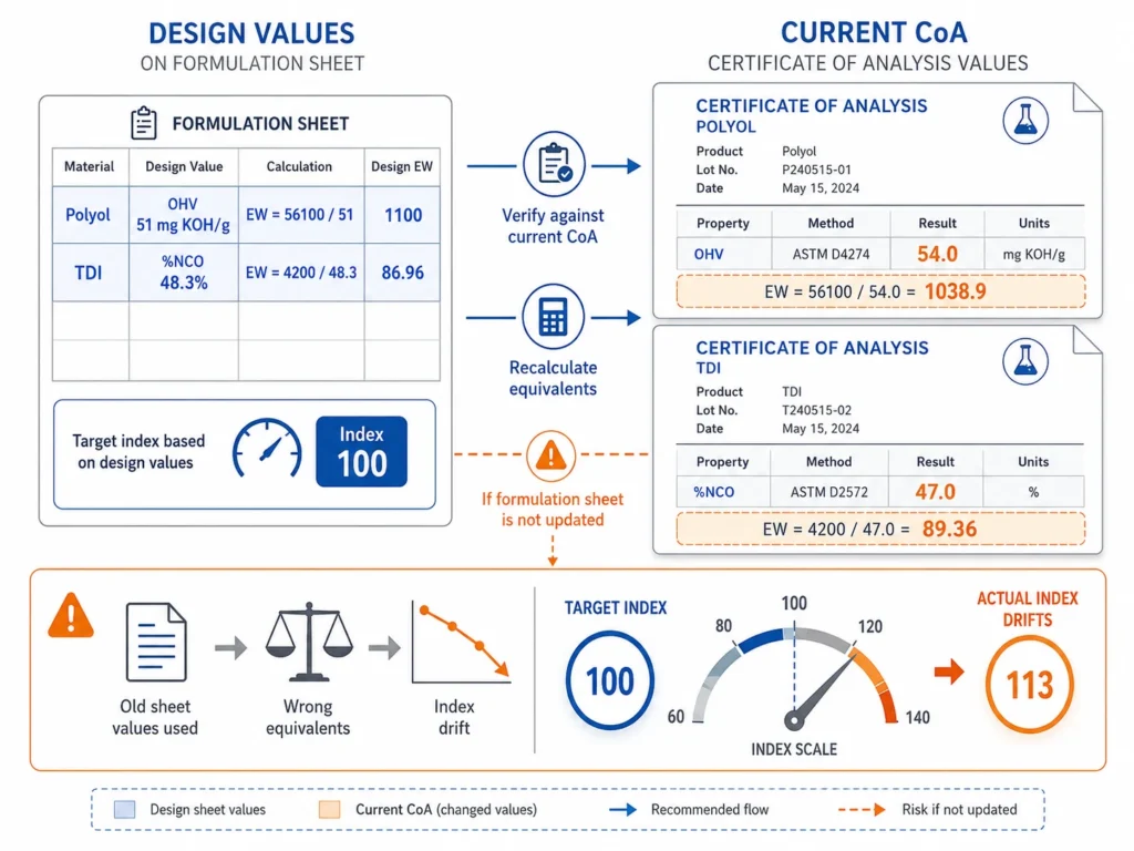 Current CoA values missing from polyurethane formulation sheet causing equivalent weight drift