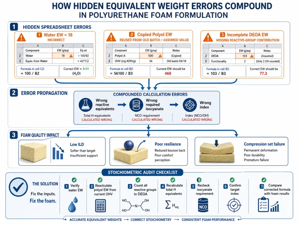 Compounding equivalent weight errors requiring stoichiometric audit in PU foam production