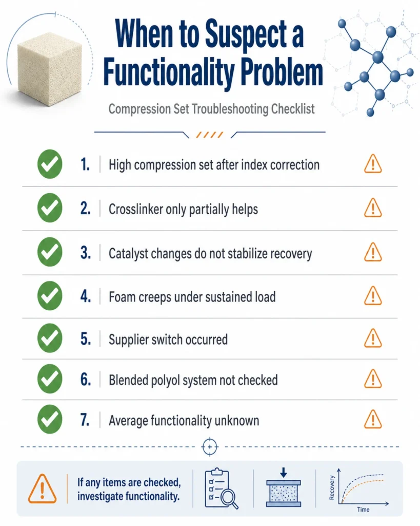 Diagnostic checklist for polyol functionality causing compression set problems in PU foam