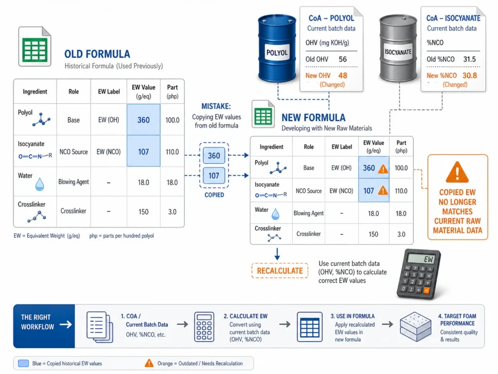Copying old equivalent weight values from previous formula causing PU foam calculation error