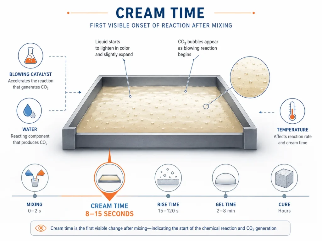 Cream time in PU foam showing the start of CO2 expansion and foam rise