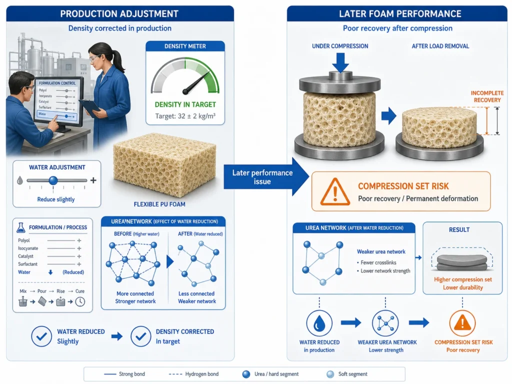 Water reduction fixing foam density but increasing compression set risk in polyurethane foam 
