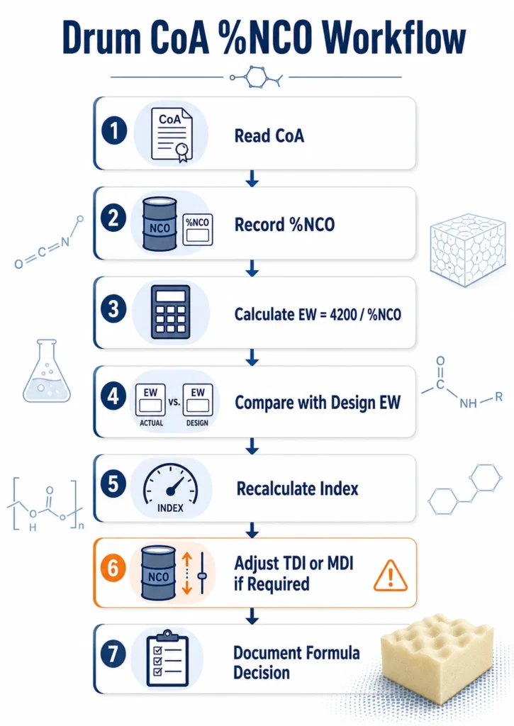Workflow for using drum CoA percent NCO in polyurethane foam formulation