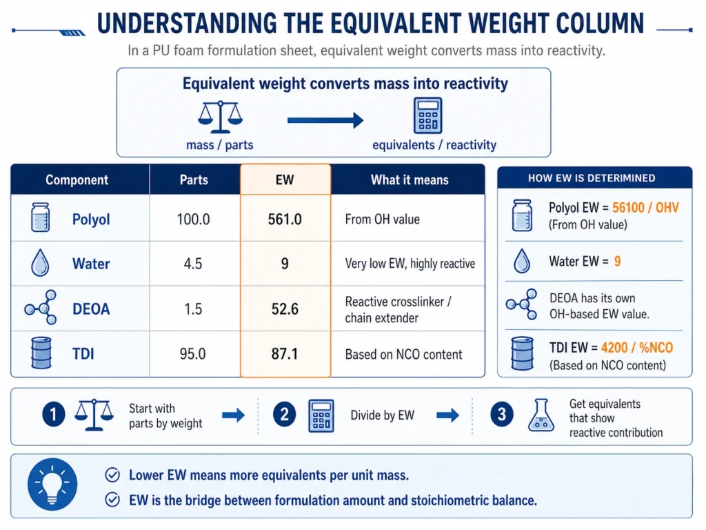  Equivalent weight column in PU foam formulation sheet converting mass into reactivity 