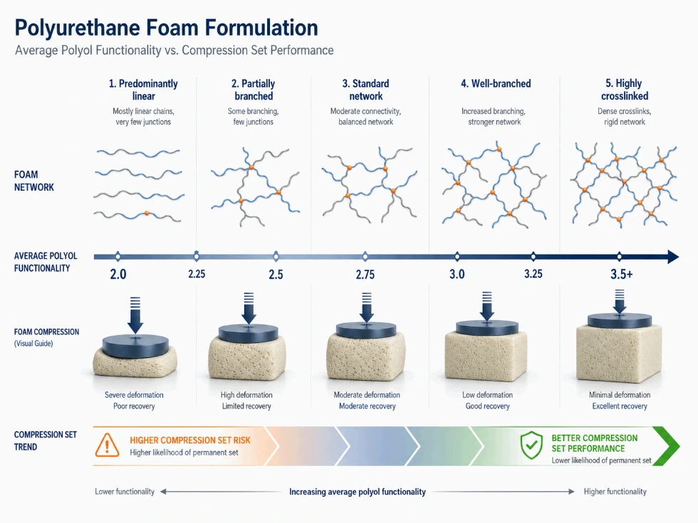 Polyol functionality range and compression set performance relationship in PU foam 