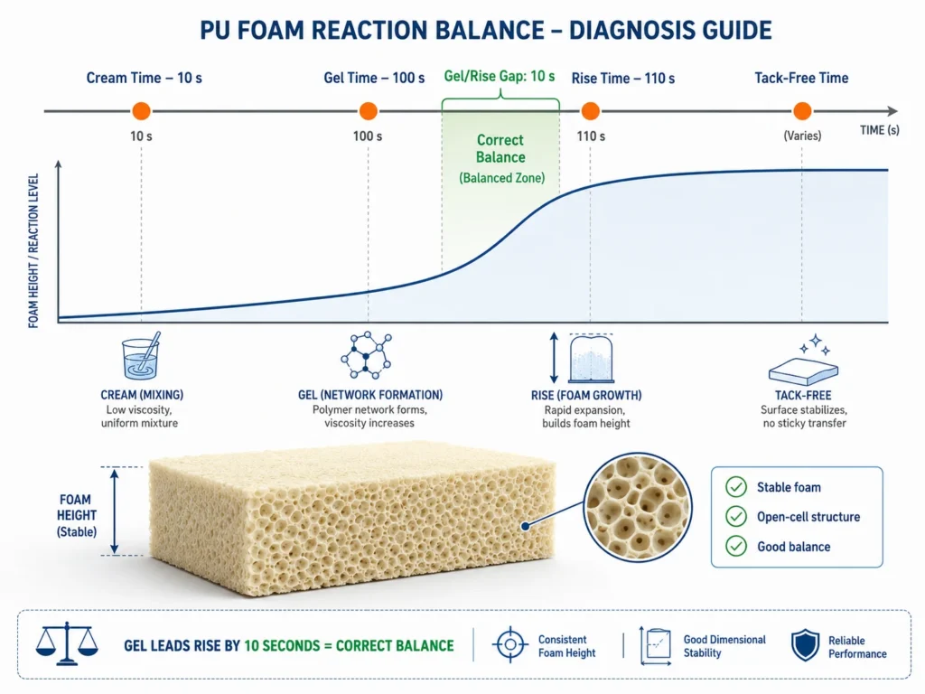 Gel rise gap diagnostic in PU foam showing correct reaction balance