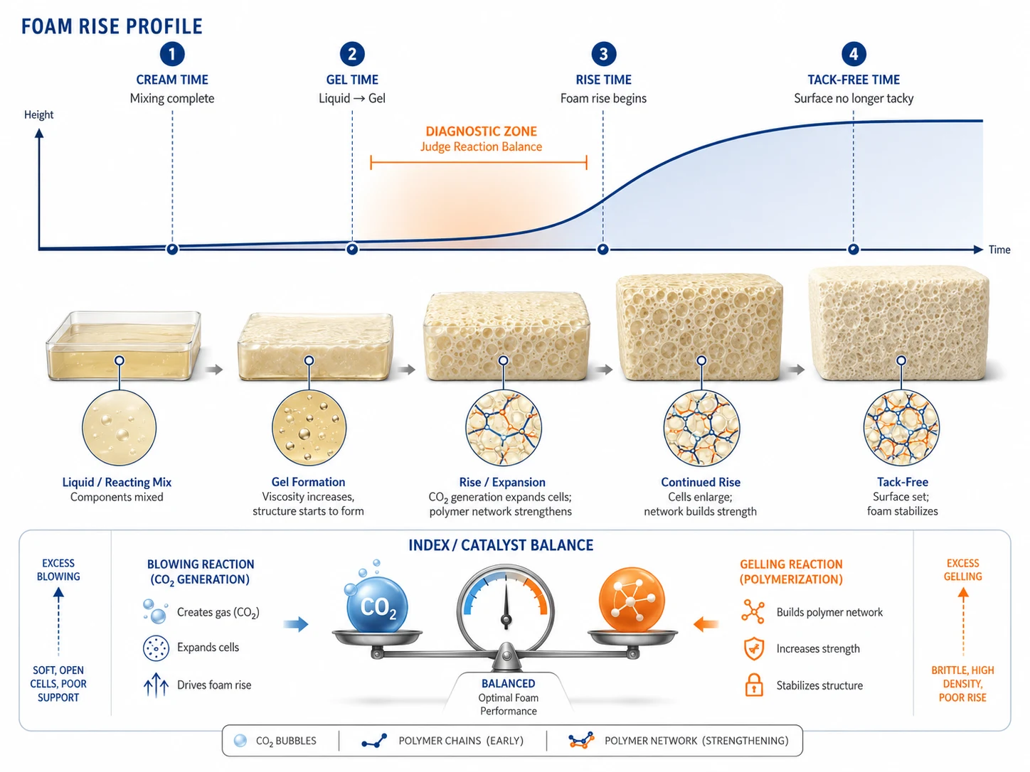 Gel time versus rise time in PU foam reaction balance with cream time and tack-free time