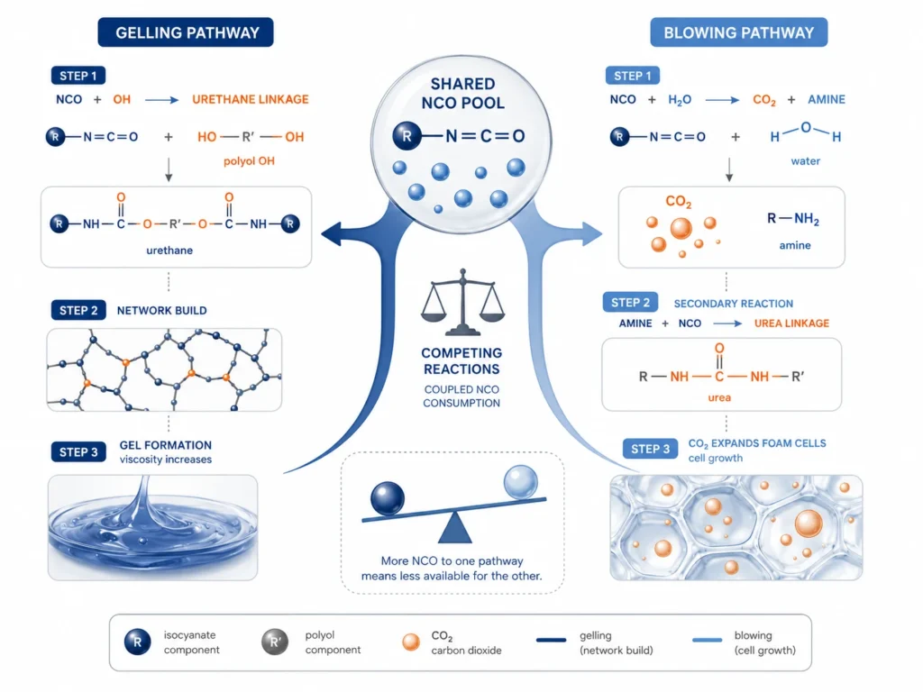 Gelling and blowing reactions competing for NCO groups in polyurethane foam