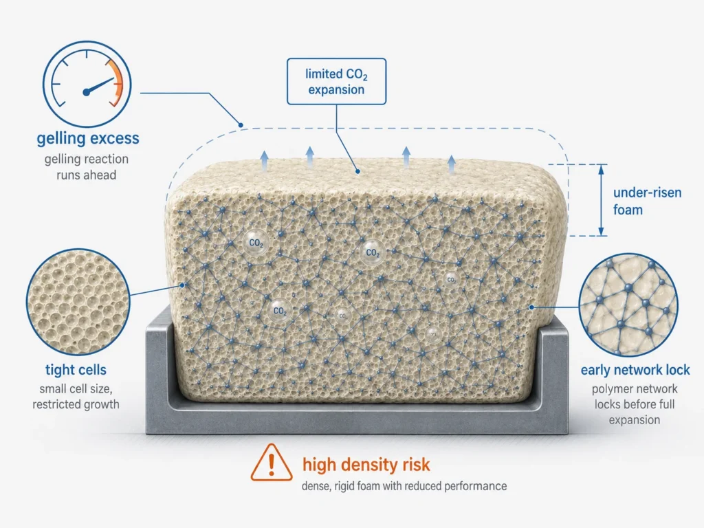 Gelling reaction running ahead of blowing reaction causing tight cells and under-risen PU foam