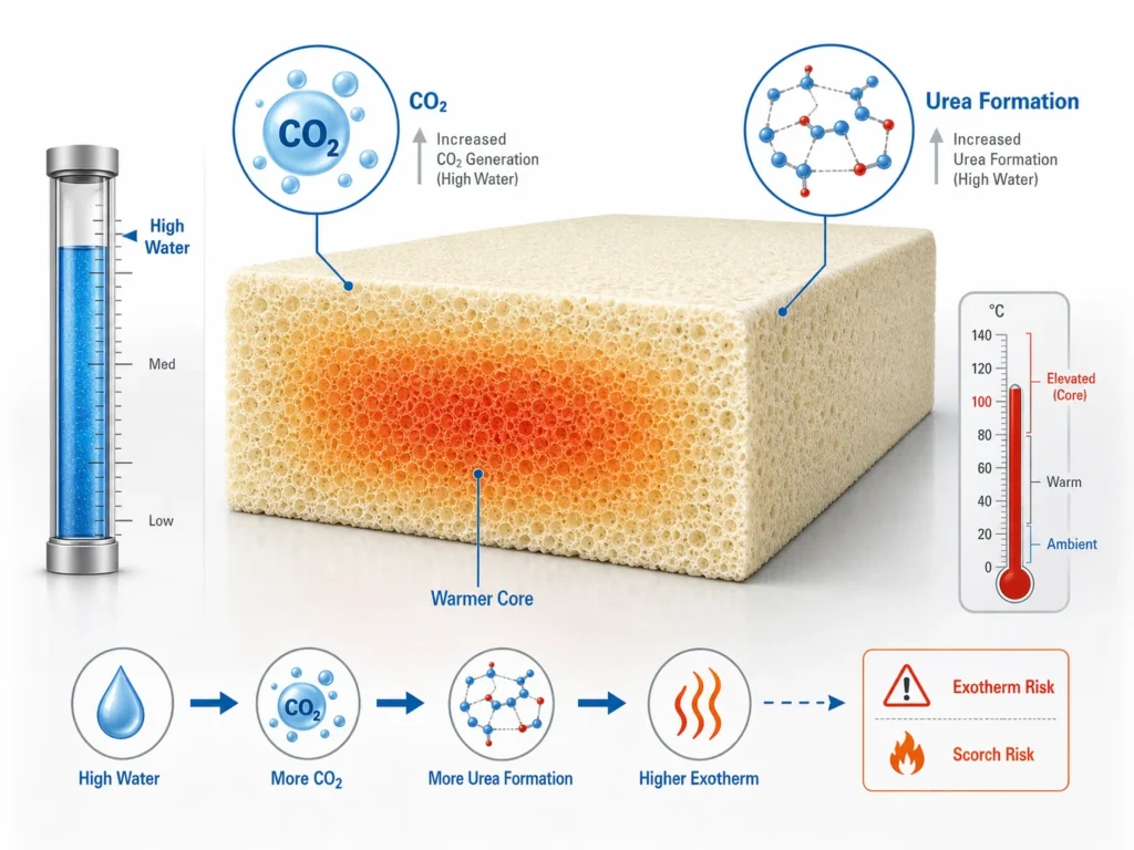 High water level causing exotherm and scorch risk in polyurethane foam slabstock core