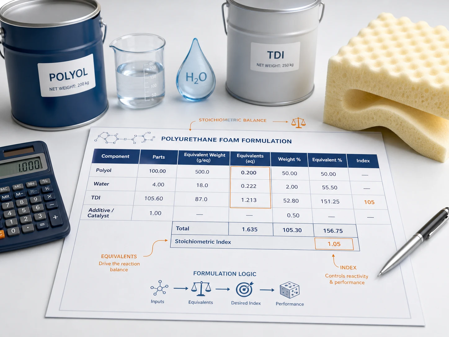 Polyurethane formulation sheet with parts, equivalent weight, equivalents, and isocyanate index