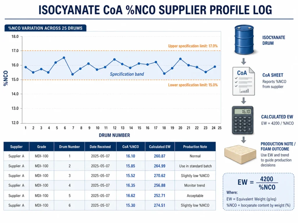 Isocyanate CoA percent NCO supplier profile log for polyurethane foam production 