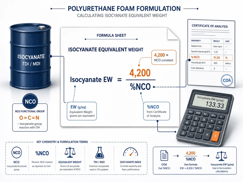 Isocyanate equivalent weight formula using percent NCO in polyurethane foam formulation