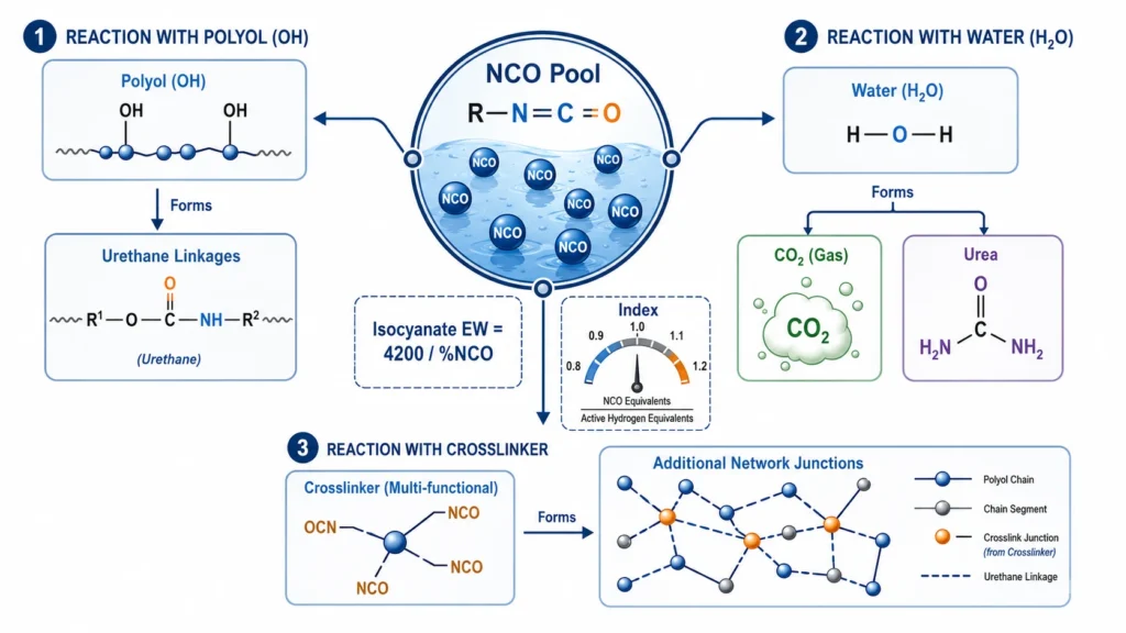  Isocyanate NCO reactions with polyol water and crosslinker in polyurethane foam