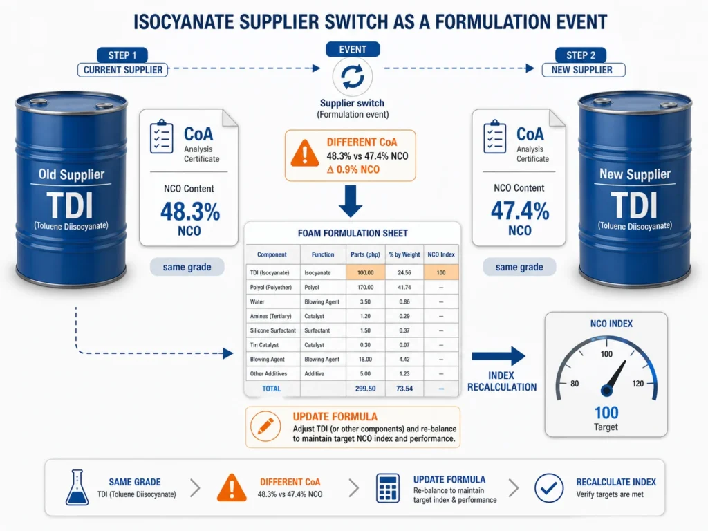 Isocyanate supplier switch requiring percent NCO update in PU foam formula 
