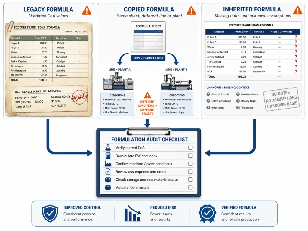  Legacy copied and inherited PU foam formulas requiring formulation sheet audit