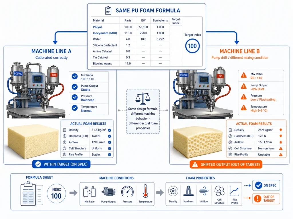  Machine factor missing from PU foam formulation sheet causing different production results 