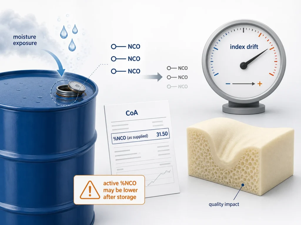 Moisture exposure reducing NCO content in isocyanate drums for PU foam production 