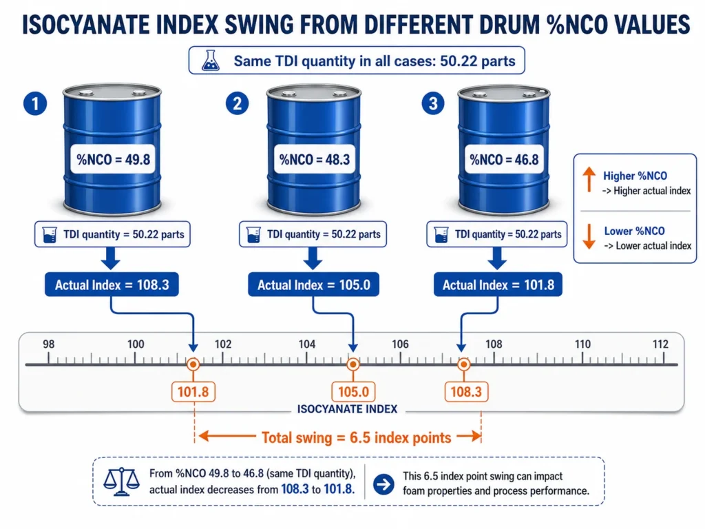 Drum-to-drum NCO variation causing isocyanate index swing in polyurethane foam