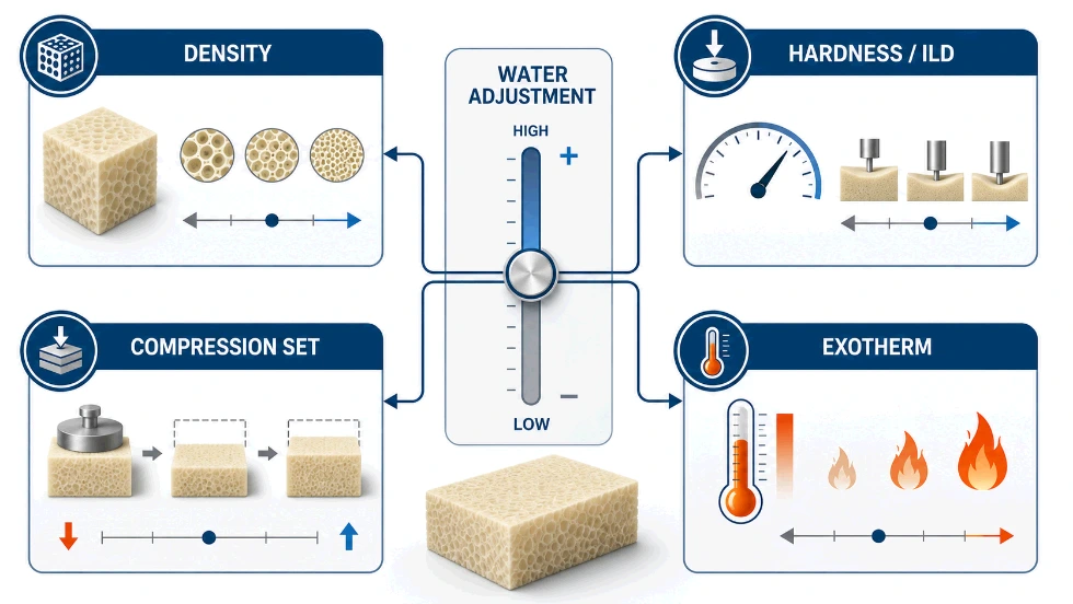 One water adjustment changing four polyurethane foam properties at once