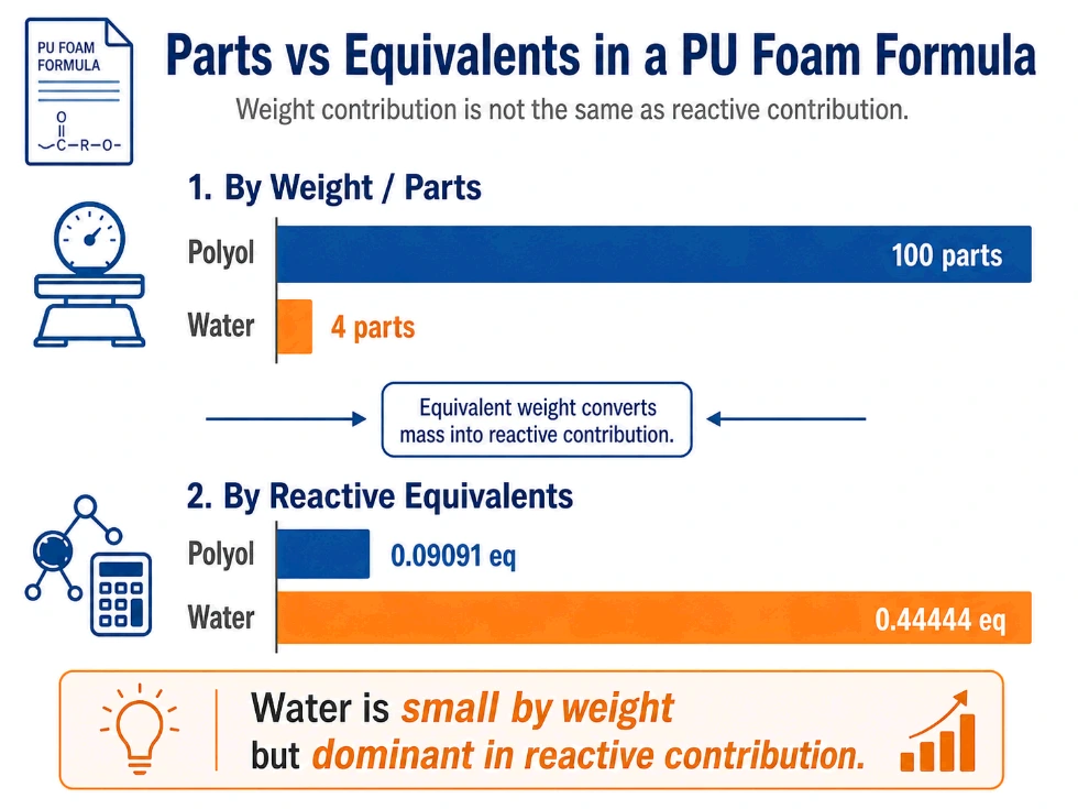 Parts versus equivalents in polyurethane foam formula showing water as dominant reactive component