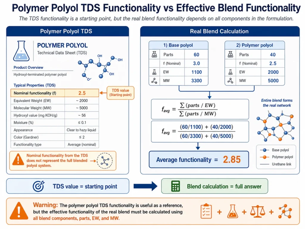 Polymer polyol TDS functionality mistake in blended polyurethane foam systems
