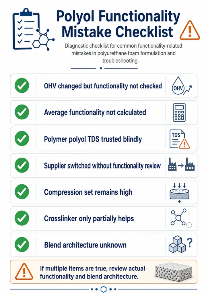  Diagnostic checklist for polyol functionality mistakes causing PU foam compression set problems