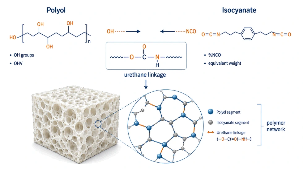 Polyol and isocyanate as the reactive pair building the polyurethane foam polymer network