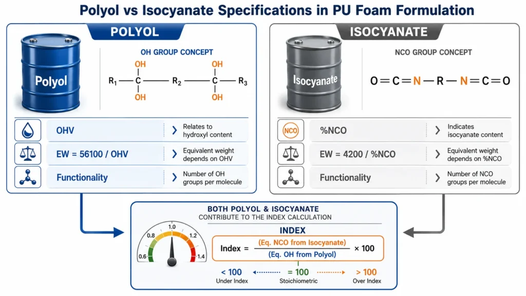 Side-by-side comparison of polyol and isocyanate specifications including OHV NCO content equivalent weight and functionality