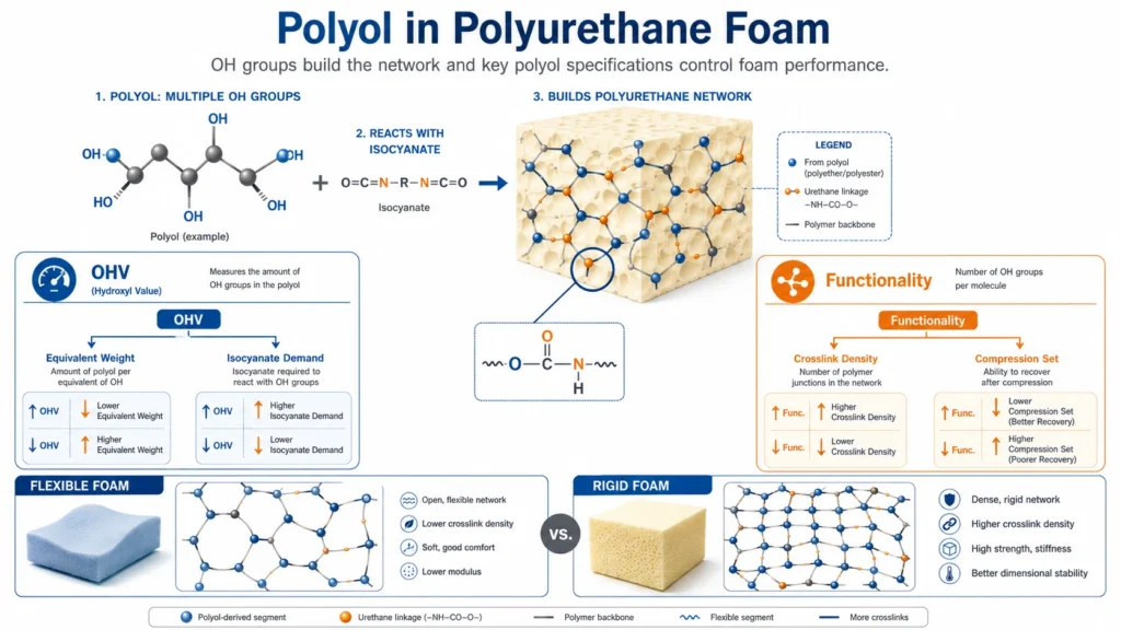 Polyol OHV and functionality controlling polyurethane foam network architecture