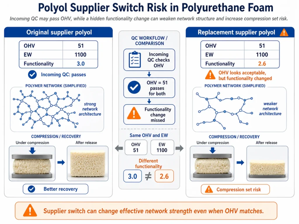 Polyol supplier switch with same OHV but different functionality causing foam compression set risk 