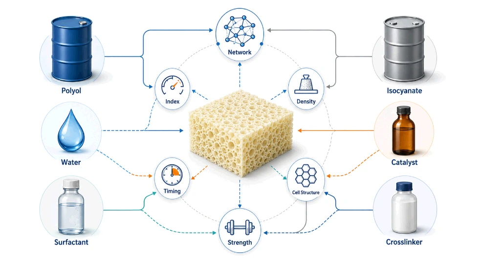 PU foam raw materials including polyol isocyanate water catalyst surfactant and crosslinker