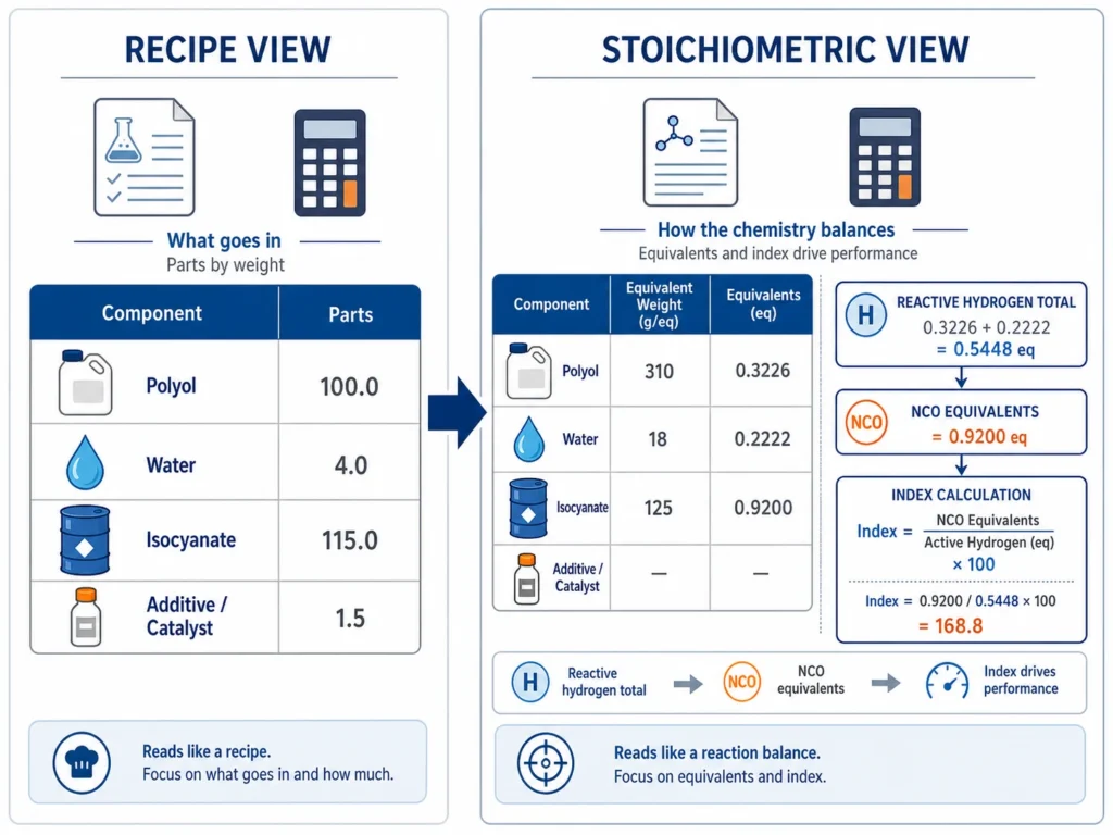 Polyurethane formulation sheet showing recipe view versus stoichiometric calculation view 